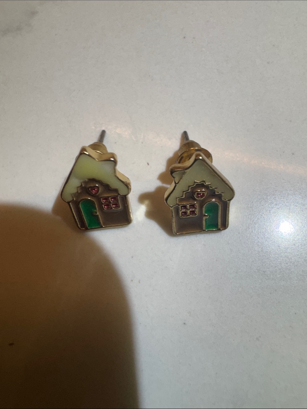 Cute House Shaped Enamel Stud Earrings - Green and Cream